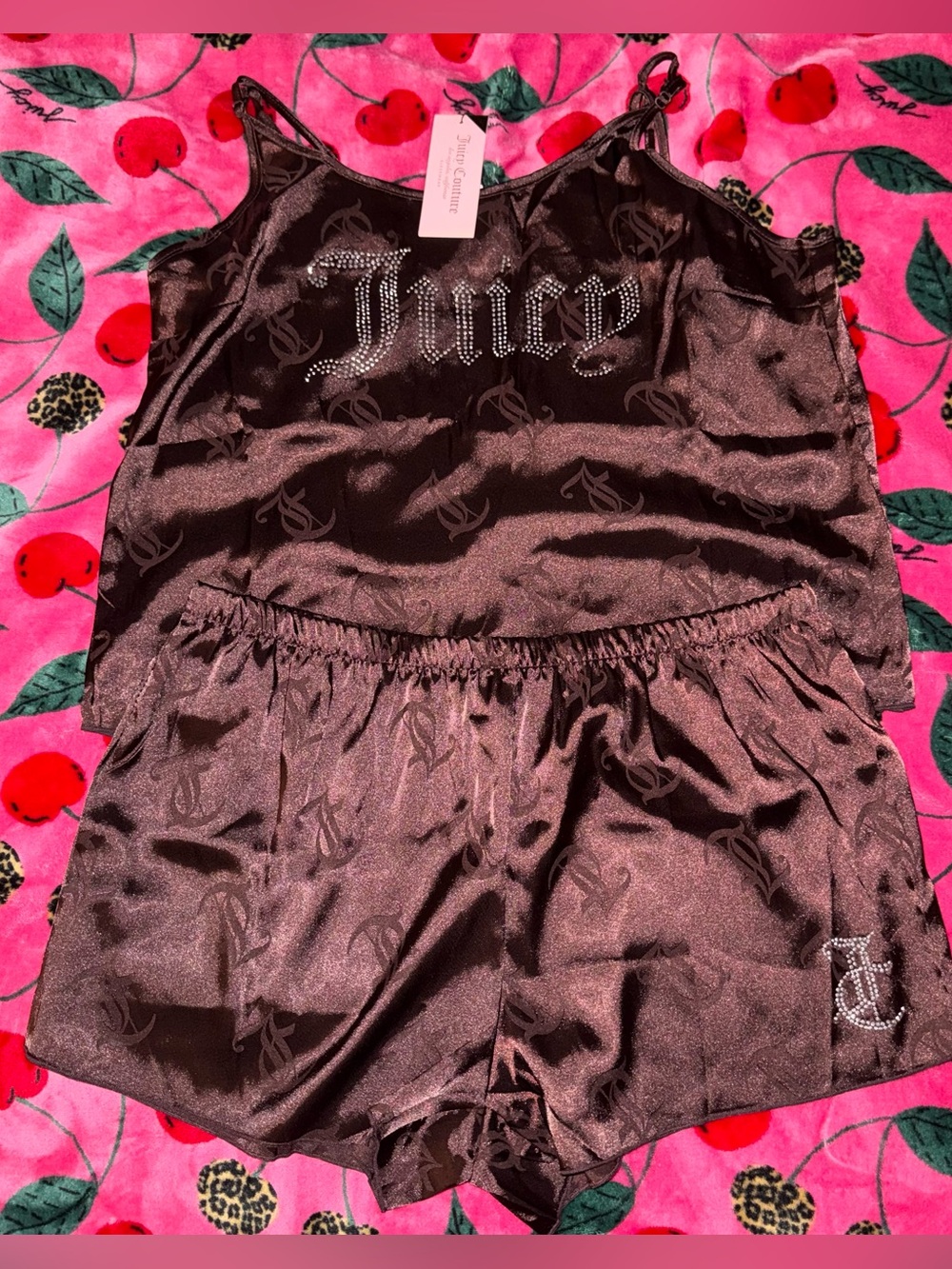 NWT Juicy Couture Satin 2-Piece Brown Monogram Rhinestone Pajama Set Size Large